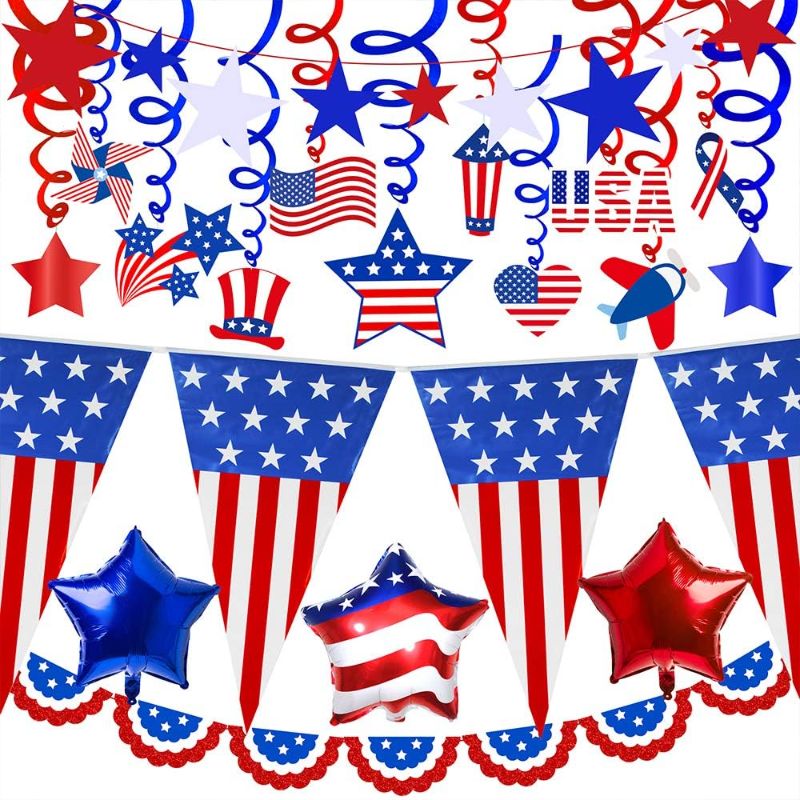 Photo 1 of 18 Pack Patriotic Decorations USA American Flag Pennant Banner Patriotic Hanging Swirl Decorations Patriotic Star Foil Balloons Red White Blue Star Banner Garland for 4th of July Memorial Day