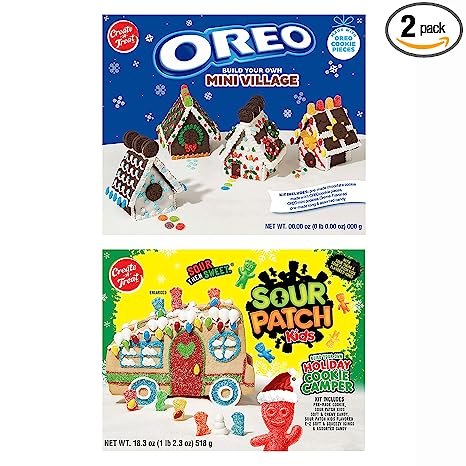 Photo 1 of /NABISCO Variety Pack Create-A-Treat Holiday Cookie Decorating Kit, OREO Mini Village Cookie Kit and SOUR PATCH KIDS Holiday Cookie Camper Kit, 2 Pack, EXP 03/29/2023