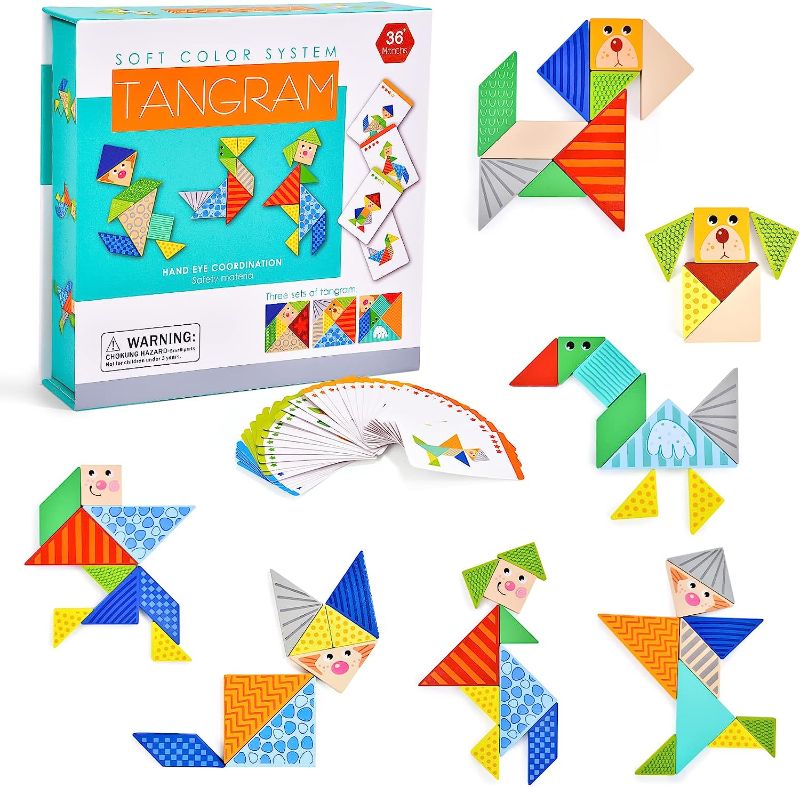 Photo 1 of Atoylink Wooden Pattern Blocks Set Animals Tangrams Shapes Puzzle Toddlers Brain Teaser Puzzles Preschool Montessori Educational Toys for 3+ Year Old Kids Boys Girls
