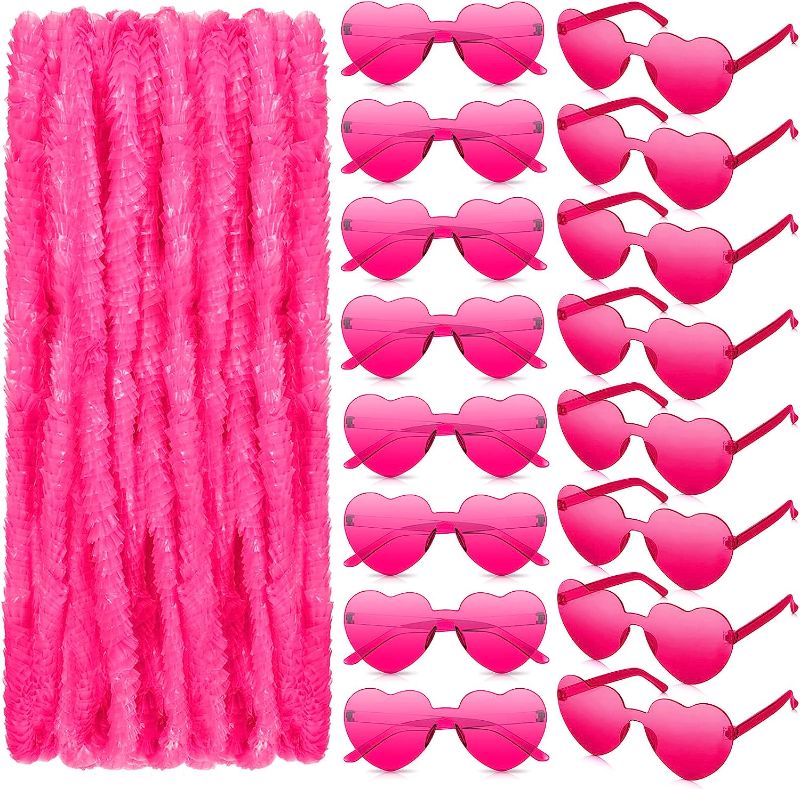 Photo 1 of 32 Pcs St. Patrick's Day Sunglasses Necklace Set 16 Leis Garland 16 Rimless Glasses for Irish Party Supplies (Pink)
