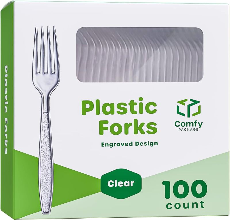 Photo 1 of [100 Pack] Heavyweight Disposable Clear Plastic Forks - Engraved Design
