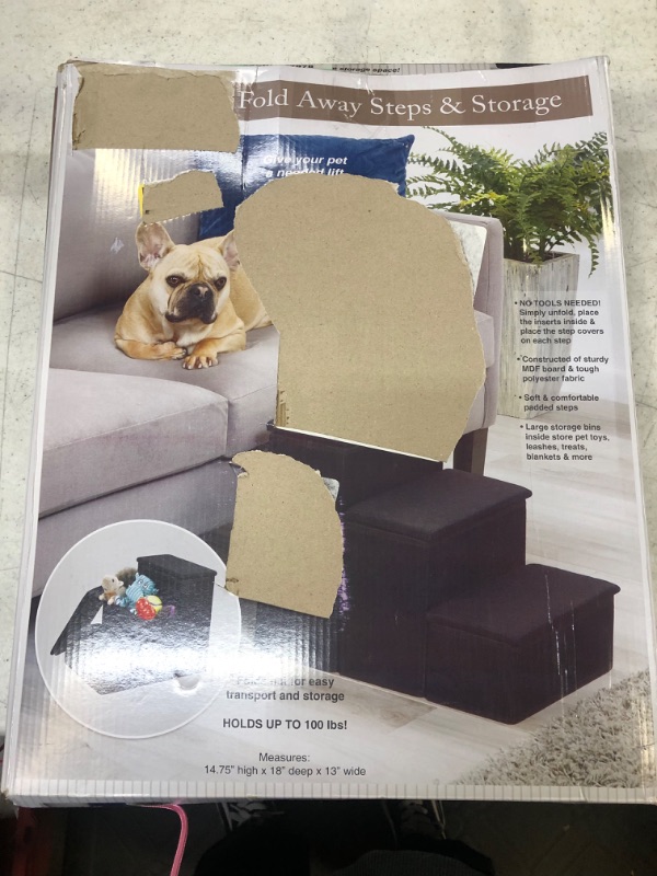 Photo 3 of Etna 3-Step Pet Steps with Storage Fold Away Pet Stairs for Dogs Cats Fabric Upholstered Padded Tops - Black