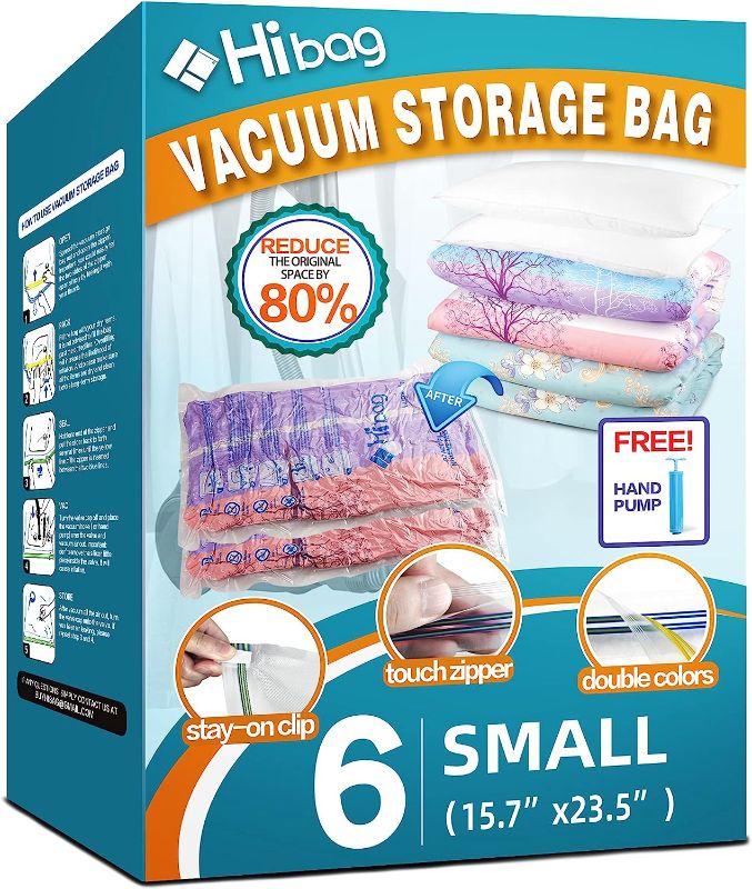 Photo 1 of 6 Pack Vacuum Storage Bags for Clothes, Clothes Vacuum Bags Save 80% Space, Work with Vacuum Cleaner, Travel Hand Pump Included (6-Small)
