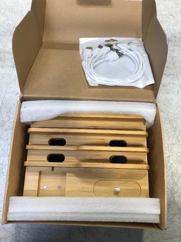 Photo 2 of Bamboo Charging Station for Multiple Devices with 5 Port USB Charger, 6 Cables and Smart Watch & Earbuds Stand. Pezin & Hulin Desk Docking Stations Electronic Organizer for Cell Phone, Table