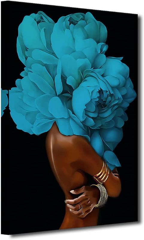 Photo 1 of African American Wall Art Blue Flower on Black Women Head Vintage Canvas Art Paintings Modern Abstract Girl Picture Home Wall Decor for Bedroom Living Room, Framed Ready to Hang (Blue, 12x18inch)
