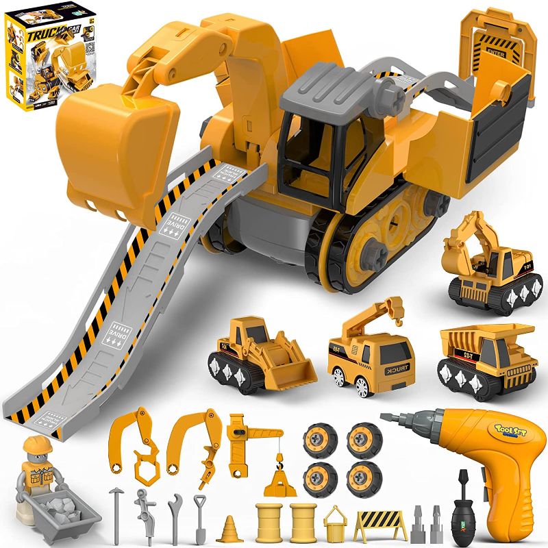 Photo 1 of CHELSOND Constrcution Truck Toy Car for 3 4 5 6 7 8 Year Old Boys, Take Apart Toys with Electric Drill, Building Toy Playset with Excavator Toy, Tractor Toy for Kid 3-5 4-8 Christmas Birthday Gifts
