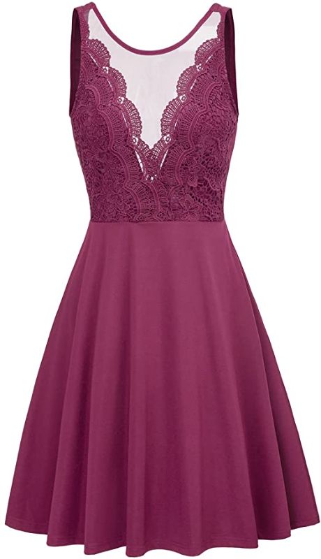 Photo 1 of GRACE KARIN Women Sleeveless Lace Patchwork Deep V-Neck A Line Flared Party Dress- SIZE 2XL 
