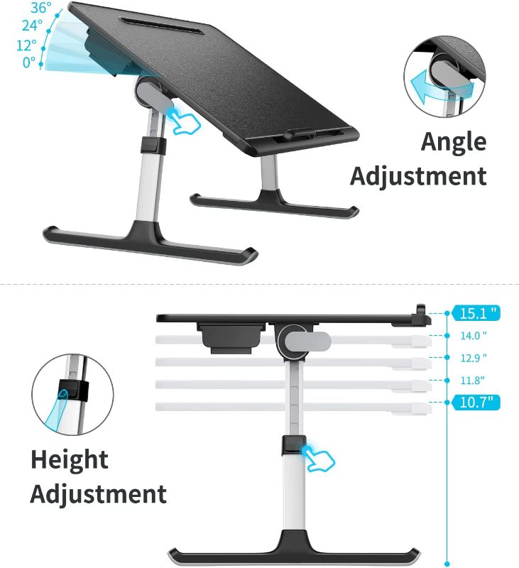 Photo 1 of Laptop Bed Tray Table, SAIJI Adjustable Bed Desk for Laptop, Lap Desk for Laptop, Extra Large Super Stable Foldable Laptop Stand with Drawer for Eating, Working, Writing, Gaming, Drawing(Black)