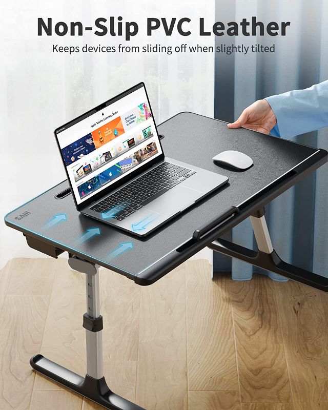 Photo 2 of Laptop Bed Tray Table, SAIJI Adjustable Bed Desk for Laptop, Lap Desk for Laptop, Extra Large Super Stable Foldable Laptop Stand with Drawer for Eating, Working, Writing, Gaming, Drawing(Black)