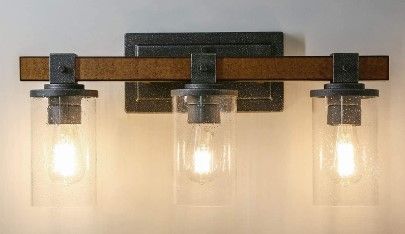 Photo 1 of 3-Light Farmhouse Vanity Light, E26 Bulb Base), Bathroom Light Fixture with Seeded Glass Shades, Faux Wood Metal Wall Sconce for Bathroom, Kitchen, Powder Room Dark Wood 
