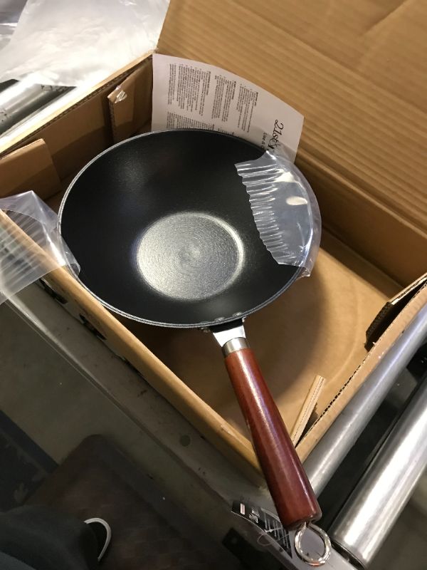Photo 1 of 21st & Main Light weight Cast Iron Wok, Stir Fry Pan, Wooden Handle, with Glass lid, 11 Inch, chef’s pan, pre-seasoned nonstick, for Chinese Japanese and others Cooking 11 inch with lid --- MISSING LID