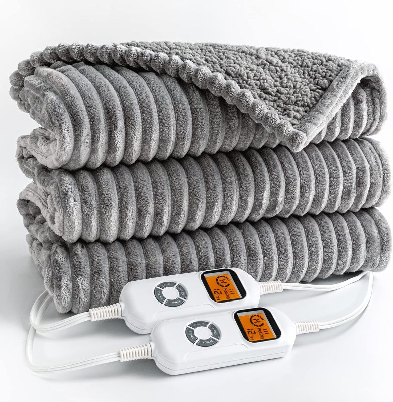 Photo 1 of Uttermara Electric Blanket Queen Size 84x90 inches, Sherpa Heated Blanket Queen Size with 10 Heating Levels & 12hrs Auto-Off Timer, Soft Warm Thick Ribbed Fleece Heating Blanket Dual Control, Grey
