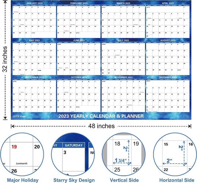 Photo 1 of 32" x 48" DLY Oasis 2023 Wall Calendar Dry Erase - Large Blue Starry Sky Calendar Wet & Dry Erasable Laminated 12 Month Annual Yearly Planner, Reversible, Horizontal/Vertical
