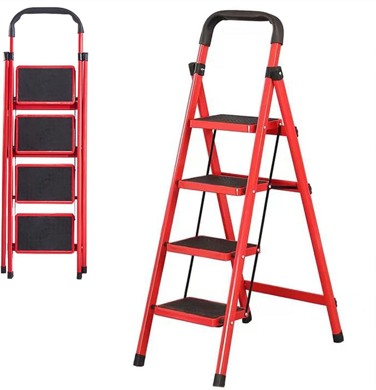 Photo 1 of 4 Step Ladder, Folding Step Stool with Wide Anti-Slip Pedal,Red Lightweight Collapsible 4 Stair Ladder for Adults Home Kitchen Pantry Office
