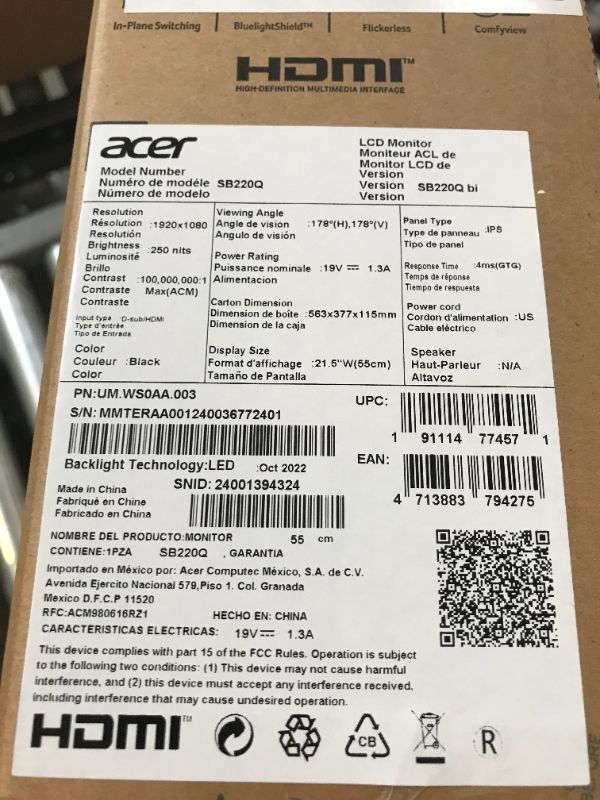 Photo 5 of Acer 21.5 Inch Full HD (1920 x 1080) IPS Ultra-Thin Zero Frame Computer Monitor (HDMI & VGA Port), SB220Q bi Monitor only 21.5-inch ---- FACTORY SEALED BRAND NEW