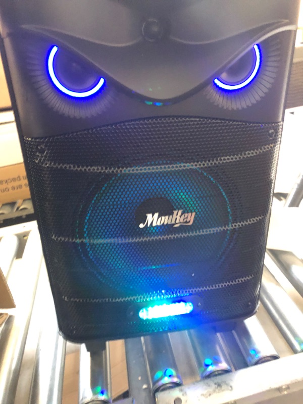 Photo 4 of Moukey Karaoke Machine, PA System Subwoofer, Portable Bluetooth Speaker w/ 2 Wireless Microphones, Lyrics Display Holder, Party Lights & Echo/Treble/Bass Adjustment, Support TWS/REC/AUX/MP3/USB/TF/FM 10" Subwoofer ----- MISSING CHARGER & REMOTE 