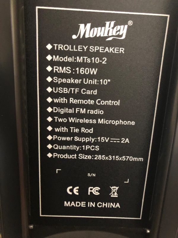 Photo 6 of Moukey Karaoke Machine, PA System Subwoofer, Portable Bluetooth Speaker w/ 2 Wireless Microphones, Lyrics Display Holder, Party Lights & Echo/Treble/Bass Adjustment, Support TWS/REC/AUX/MP3/USB/TF/FM 10" Subwoofer ----- MISSING CHARGER & REMOTE 