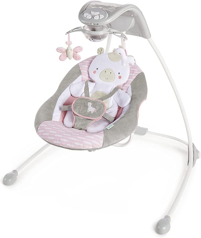 Photo 1 of Ingenuity InLighten 6-Speed Baby Swing - Easy-Fold Frame, Swivel Infant Seat, Nature Sounds, Light Up Mobile - Flora the Unicorn (Pink)