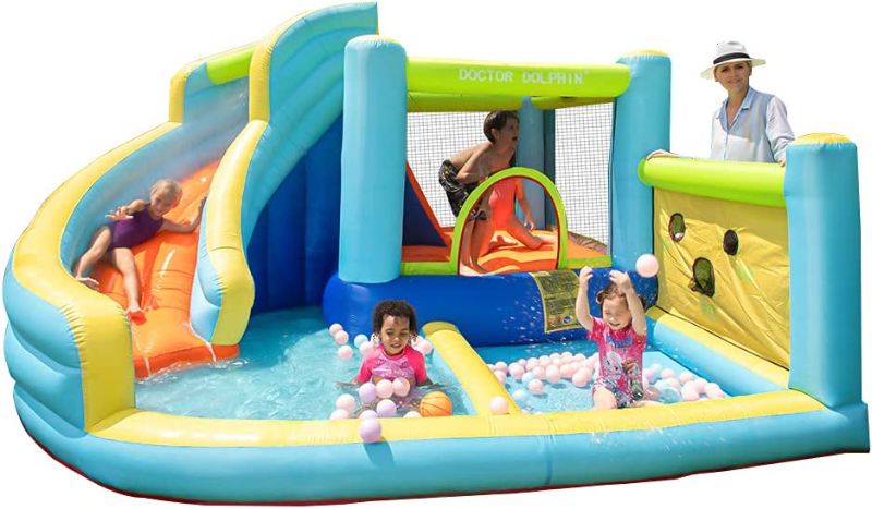 Photo 1 of Doctor Dolphin Water Bounce House Inflatable Water Slide Park for Kids Backyard Summer Outdoor Fun with Water Gun Climbing Wall Splash Pool