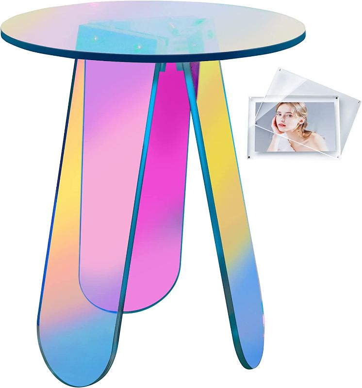 Photo 1 of Acrylic End Table Acrylic Coffee Table Rainbow Side Table Round Clear Iridescent Side Table for Living Room,Small Spaces,Bistro,Outdoor.Rainbow End Desk Clear Night Stands W/Picture Frame 1PCS
