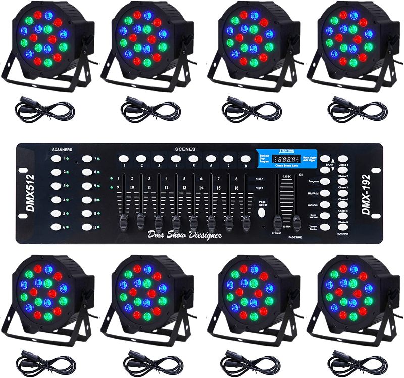 Photo 1 of CO-Z LED Stage Lights DMX, 8 pcs 18x3W RGB Par Can Lights Package with Remote Controller Sound Activated Stage Effect Lighting for Party DJ Dance Church Wedding Home Uplighting
