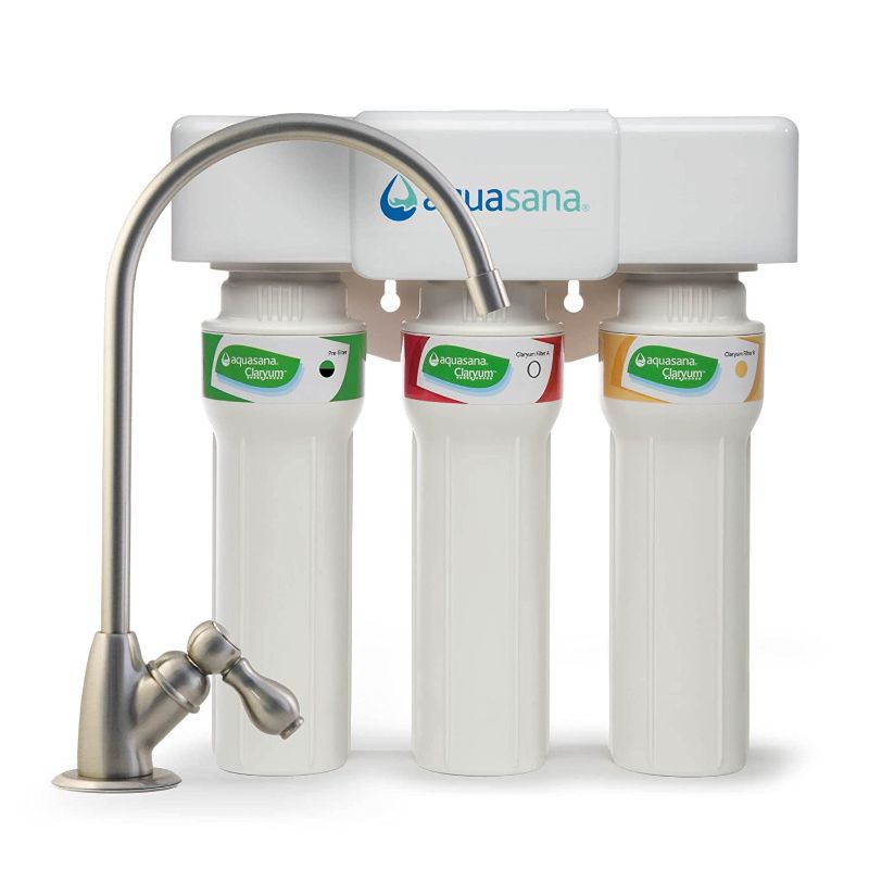 Photo 1 of Aquasana 3-Stage Max Flow Claryum Under Sink Water Filter System - Kitchen Counter Claryum Filtration - Filters 99% Of Chlorine - Brushed Nickel Faucet - AQ-5300+.55 , White
