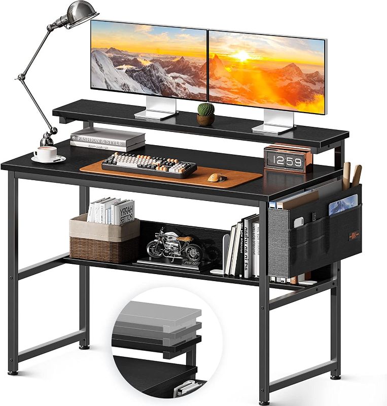 Photo 1 of ODK Small Desk with Adjustable Monitor Stand (3.2", 4.3", 5.5"), 39 Inch Computer Desk with Storage Bag, Writing Desk with Under-Desk Shelf, Simple Modern Style Laptop Desk for Small Space, Black
