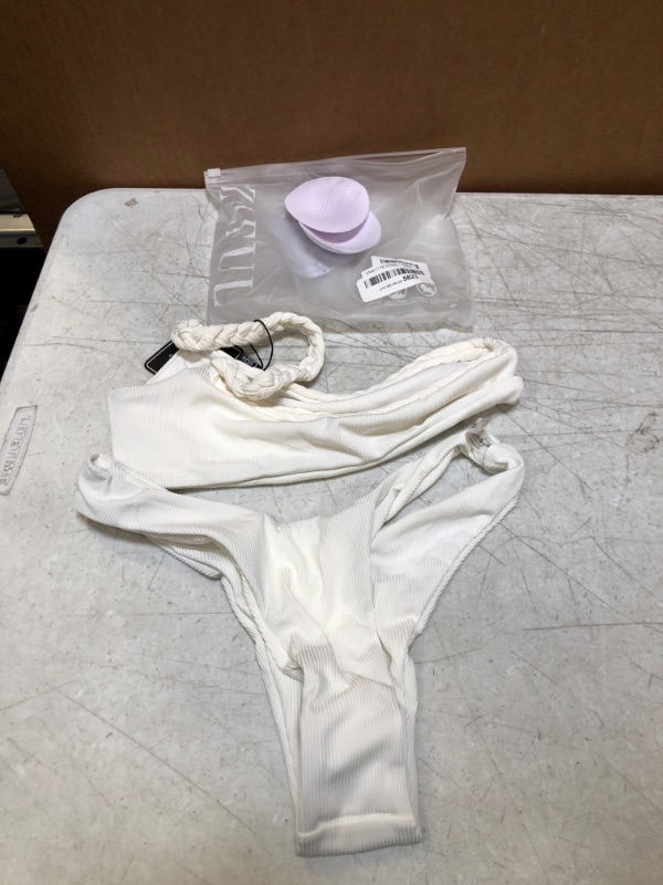 Photo 2 of ZAFUL Bikini Snakeskin One Shoulder Reversible Bathing Suit Padded Lace Up 2 Piece Swimsuits for Women Large Braided-white