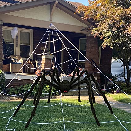 Photo 1 of  Halloween Spider Web + 4.9ft Scary Giant Spider, Halloween Outdoor Decoration Fake Furry Spider Props and Triangular Huge Spider Web for Indoor Yard Home Costumes Parties Haunted House DéCor