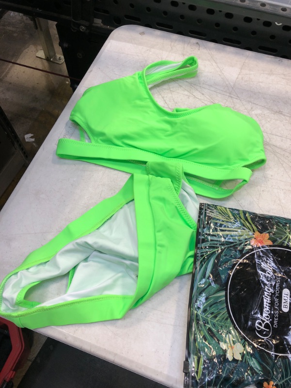 Photo 2 of Blooming Jelly Women's High Waisted Swimsuit Crop Top Cut Out Two Piece Cheeky High Rise Bathing Suit Bikini Medium Fluorescent Green