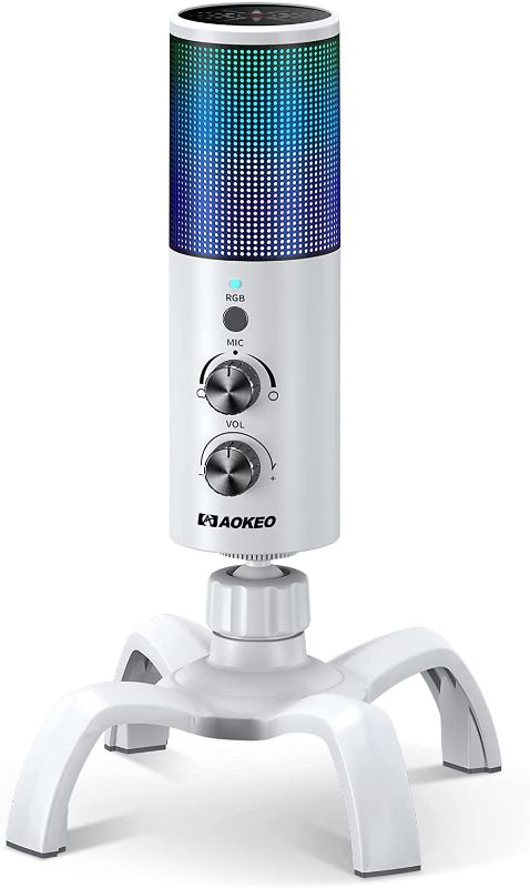 Photo 1 of Aokeo USB Gaming Microphone, PC Computer Condenser Mic with Gain,RGB Light for Recording,Podcasting,Streaming,YouTube, Twitch,Skype,Compatible with PS5 PS4 Mac Laptop Desktop?White?
