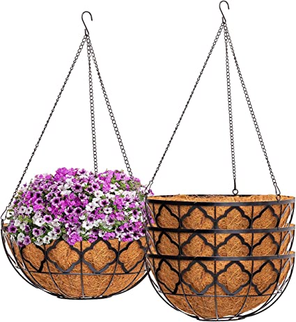 Photo 1 of 4 pieces 16" Hanging Planter Basket with Coco Liner, Metal Round Wire Plant Holder with Chain for Porch Decor Planter Pot Hanger Garden Lawn Decoration Indoor Outdoor Watering Hanging Baskets