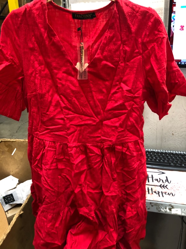 Photo 2 of  size small FANCYINN Cute Shift Tunic Dress Ruffle Swing Babydoll Juniors Mini Ruffle Dress with Pockets Small Red