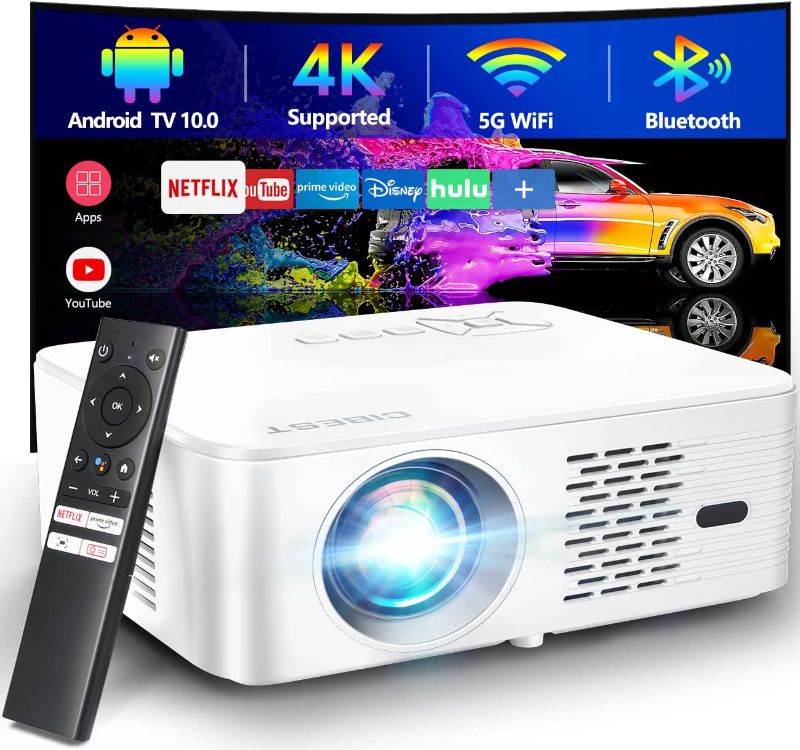 Photo 1 of 4K Support Android TV 10.0 Projector 5G WiFi Bluetooth Native 1080P, CIBEST Full-Sealed Optical Engine Home Movie FHD Projector with Netflix/Prime Video Built-in, 8000+ Apps, Autofocus, Stereo Sound