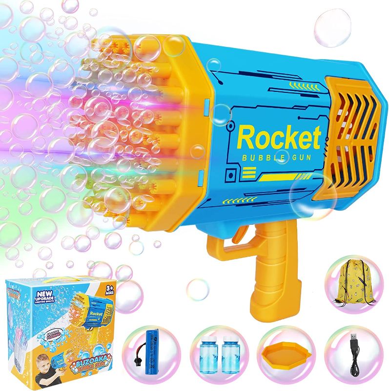 Photo 1 of Bubble Machine Bubble Gun 69 Holes with Colorful Lights Rocket Boom Bubble Gun Blower for Adults Kids Rocket Launcher Bubble Machine Toys for Outdoor Birthday Wedding Party Gift (Blue)