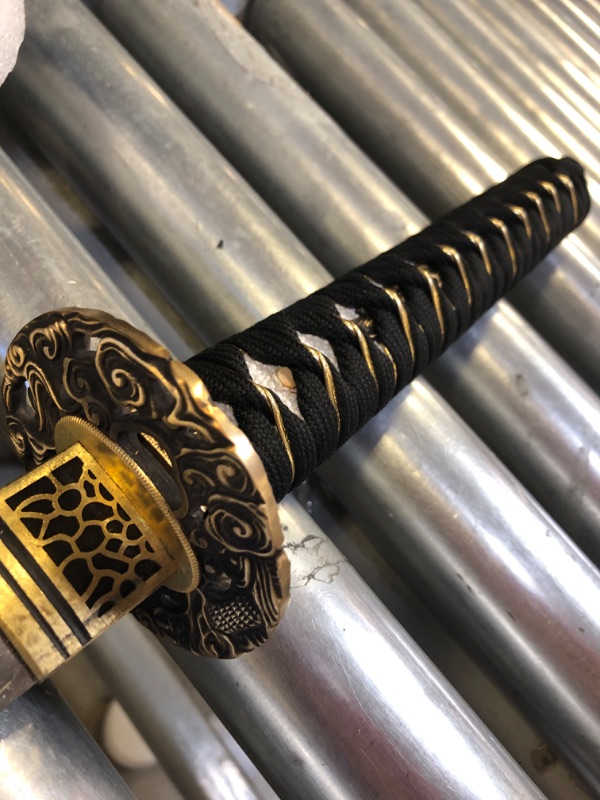 Photo 3 of Handmade Sword - Fully Functional Samurai Katana Sword, Sharp 1095 Carbon Steel Blade, Hand Forged Clay Tempered, Full Tang, Black Scabbard, Certificate Warrior Tsuba