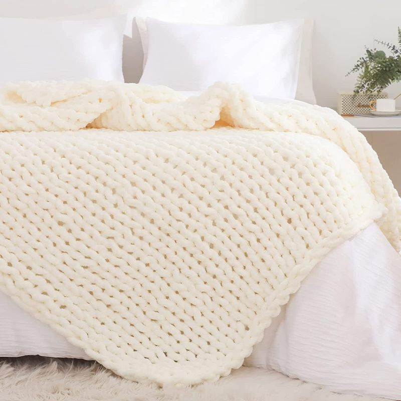 Photo 1 of YAAPSU Chunky Knit Blanket Throw 51x63, Chenille Throw Blankets, Chunky Knitted Throw Blanket for Couch & Bed, Soft Large Knit Throw Blankets Chunky Yarn, Big Thick Cable Knit Blankets (Ivory)
