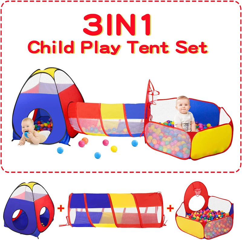 Photo 1 of GeerWest 3 in 1 Kids Play Tent for Toddler with Baby Ball Pit and Play Tunnel, Children Indoor Outdoor Playhouse with Climbing Tunnel Toy for Toddlers, Boys and Girls Best Birthday Gifts
