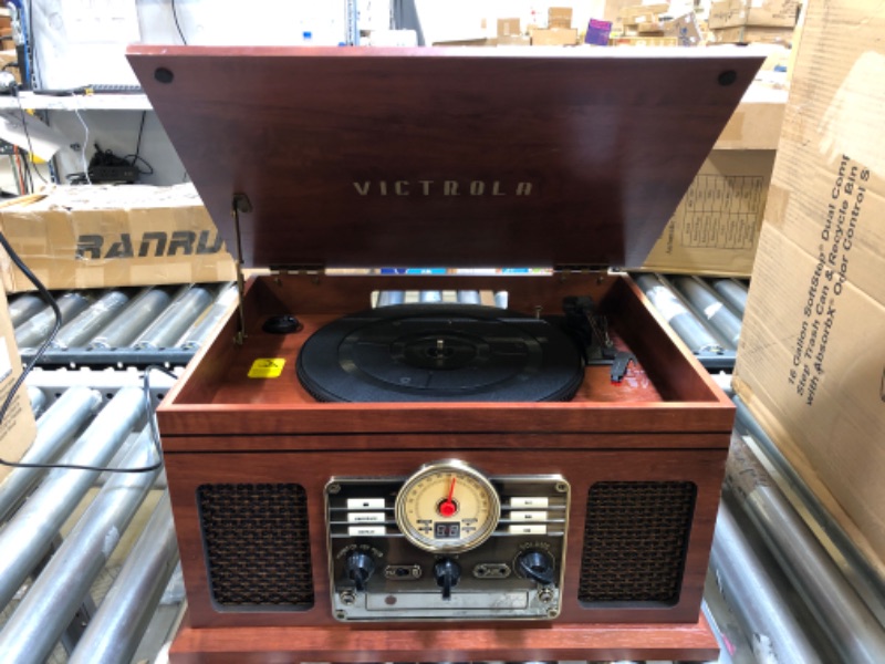 Photo 2 of Victrola Nostalgic 6-in-1 Bluetooth Record Player & Multimedia Center with Built-in Speakers - 3-Speed Turntable, CD & Cassette Player, FM Radio | Wireless Music Streaming | Mahogany Mahogany Entertainment Center