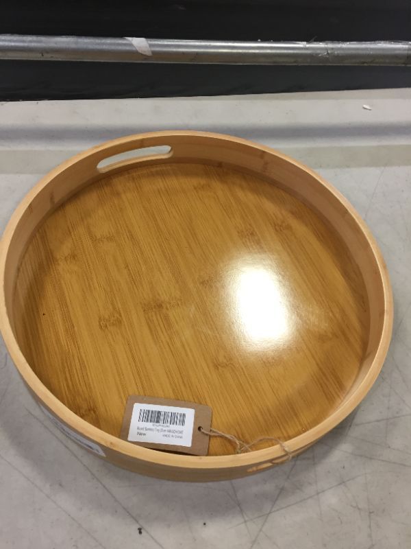 Photo 2 of 13.8 inch Bamboo Round Serving Tray, Wood Tray with Handles, Natural Wooden Tray for Ottoman, Kitchen / Coffee Table 13.8 inch ( 35 cm)