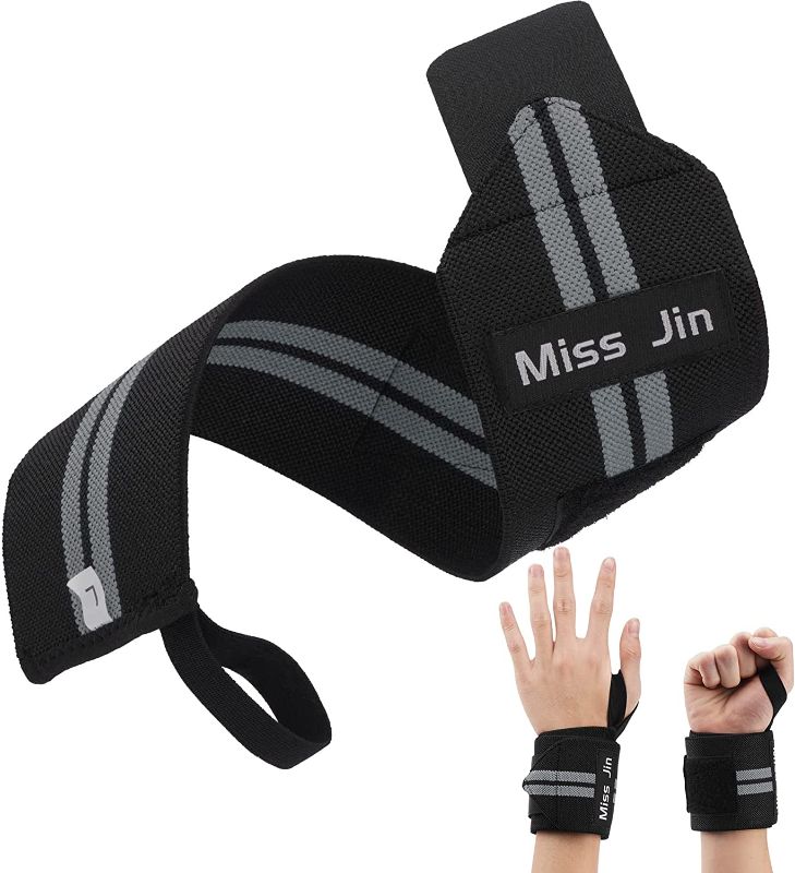 Photo 1 of MISS Jin Weightlifting Wrist wraps,18 Inch Adjustable Wrist Support with Thumb Loops Professional Compress Wrist brace for Weigh tlifting Fitness Workouts Gym Carpal Fit Right Hands (Black-grey (Right))
