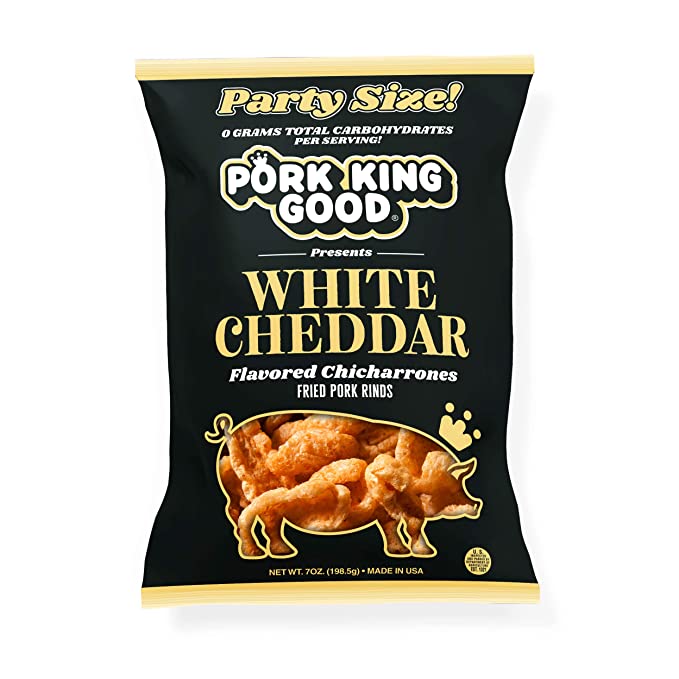 Photo 1 of 
Pork King Good White Cheddar Pork Rinds 7 OZ FAMILY SIZE (Chicharrones - Keto Snacks) exp05/18/23