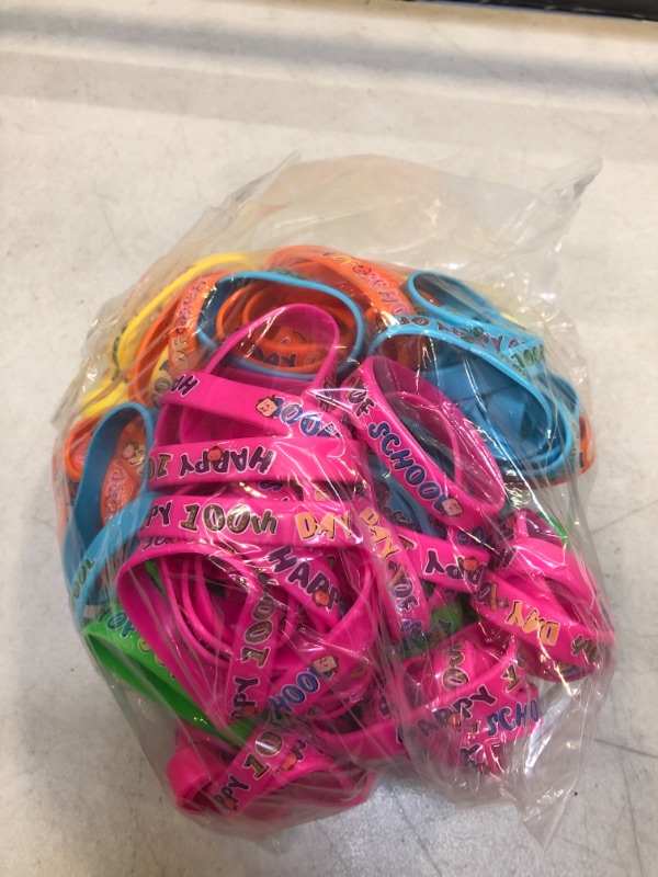 Photo 2 of 200 Pieces 100 Days of School Silicone Bracelets Colorful 100th Day of School Bracelets Colorful Silicone Wristbands Happy 100th Day of School Rubber Bracelets for Kids Children Gift