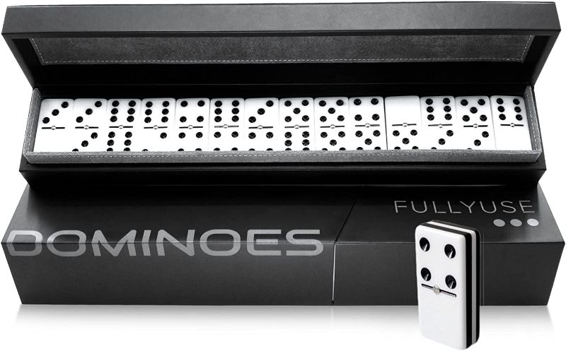 Photo 2 of Fullyuse Dominoes Set for Adults - Double six Professional Dominos with Spinners and Leather Storage Case, Classic Black and White Tiles with Acrylic Tiles Jumbo Size 4 Layers
