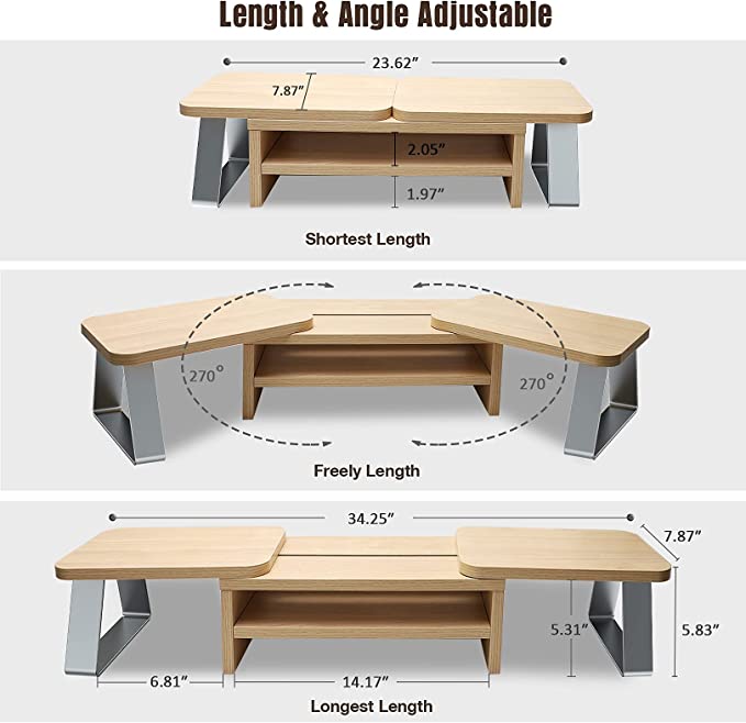 Photo 2 of Dual Monitor Stand Riser Adjustable Length and Angle Computer Monitor Shelf Desktop Stand 3 Shelf Storage Organizer Screen Stand with Drawer Monitor Stands for 2 Monitors Shelves for Office&Home