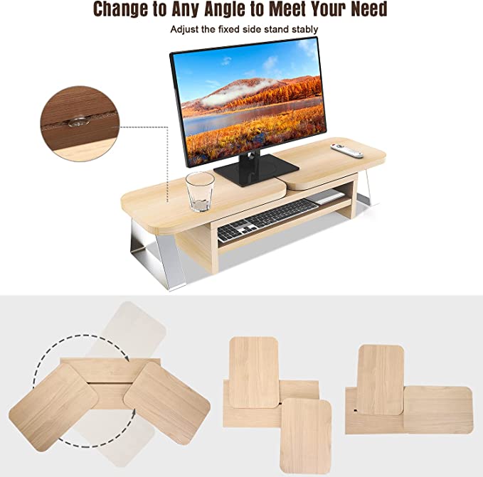 Photo 1 of Dual Monitor Stand Riser Adjustable Length and Angle Computer Monitor Shelf Desktop Stand 3 Shelf Storage Organizer Screen Stand with Drawer Monitor Stands for 2 Monitors Shelves for Office&Home