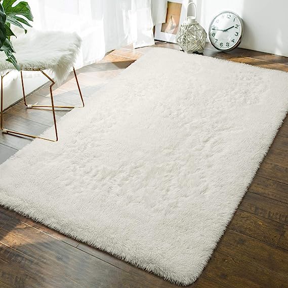 Photo 1 of Andecor Soft Fluffy Bedroom Rugs - 4 x 5.9 Feet Indoor Shaggy Plush Area Rug for Boys Girls Kids Baby College Dorm Living Room Home Decor Floor Carpet, Cream
