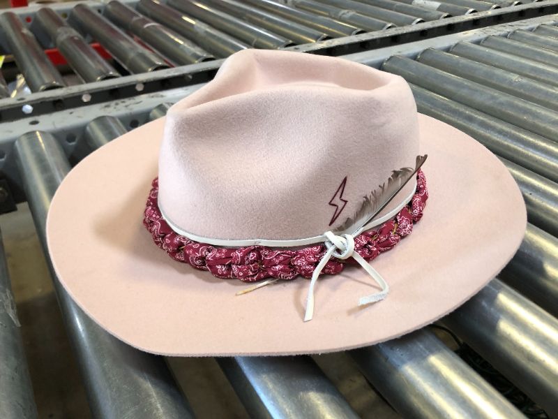 Photo 2 of RUEDIGER Wide Brim Fedora Hats for Men Women 100% Wool Felt Panama Rancher Hat with Lightning Logo Distressed/Burned Handmade Cream Pink 7 3/8