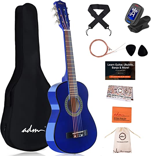 Photo 1 of ADM Beginner Acoustic Classical Guitar 30 Inch Nylon Strings Wooden Guitar Bundle Kit for Kid Boy Girl Student Youth Guitarra Free Online Lessons with Gig Bag, Strap, Tuner, Extra Strings, Picks,Blue
