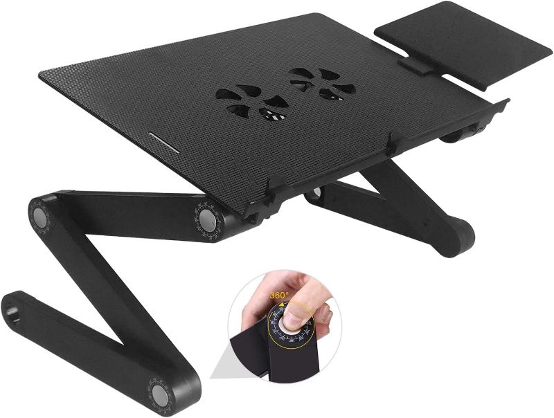 Photo 1 of AOOU Cool Desk Laptop Stand for Bed and Sofa, IPAD Stand Cozy Desk Portable Adjustable Laptop Table Stand Up/Sitting with 2 CPU Cooling Fans and Mouse Pad
